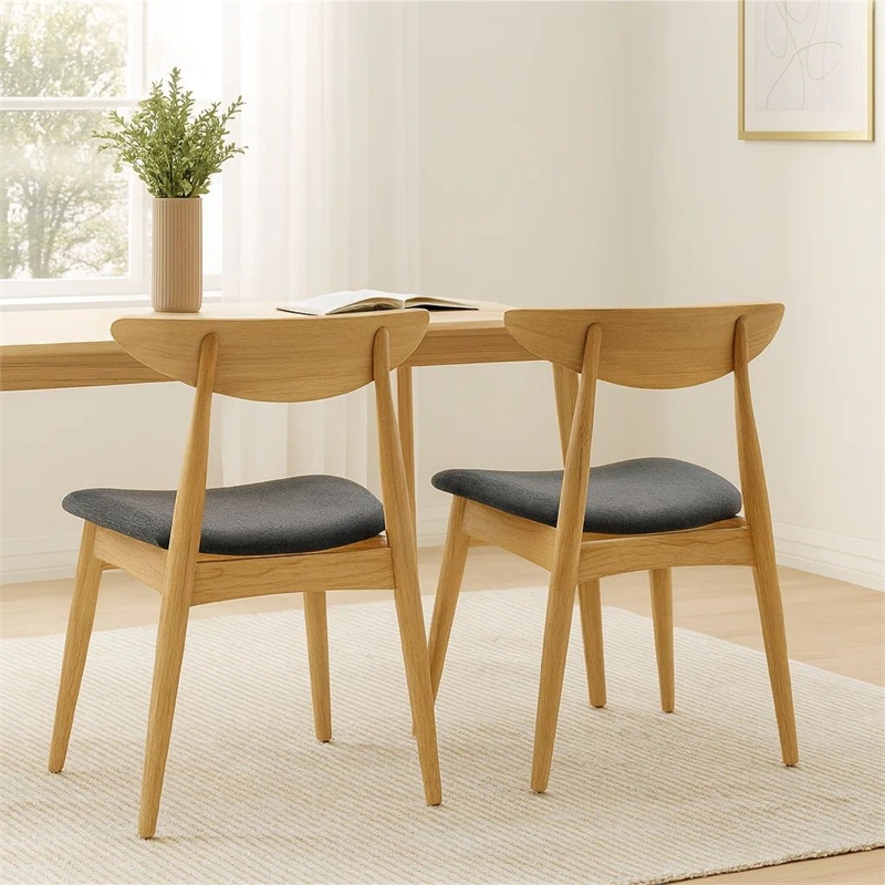 Pemberly Row Dining Chair Set of 2 Curved Dark Gray Padded in Natural Brown