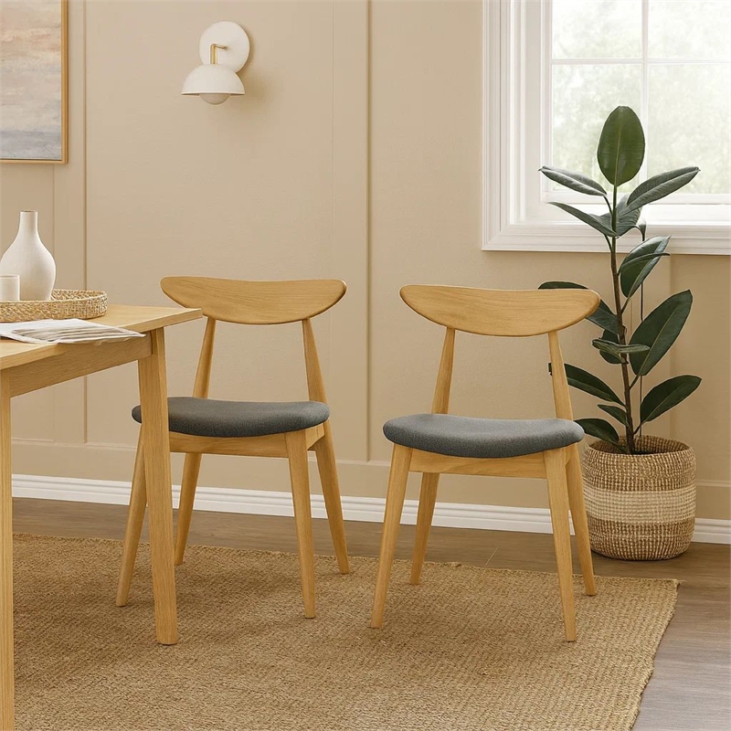 Pemberly Row Dining Chair Set of 2 Curved Dark Gray Padded in Natural Brown