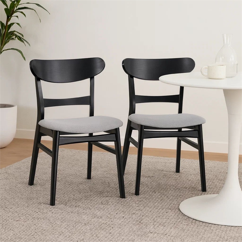Pemberly Row Dining Chair Set of 2 Curved Open Back Gray Padded Seat in Black