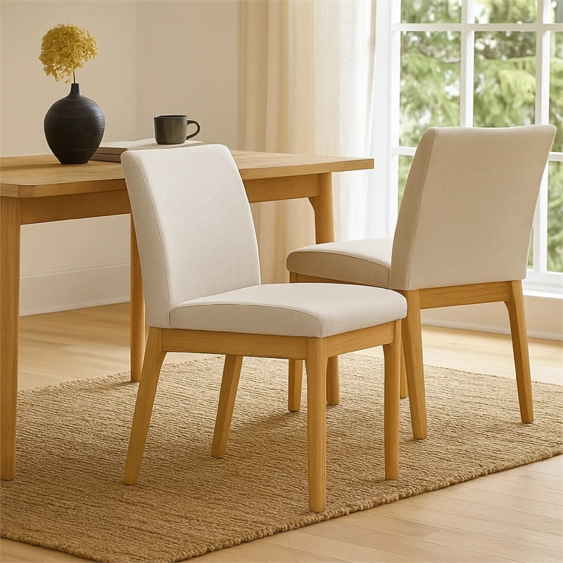 Pemberly Row Chair Set of 2 Brown Wood Frame Light Beige Padded Fabric