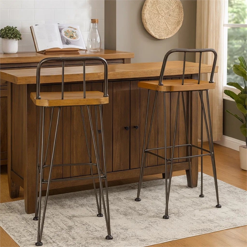 Pemberly Row Barstool Low Back Chair Set of 2 Black Metal Brown Acacia Wood