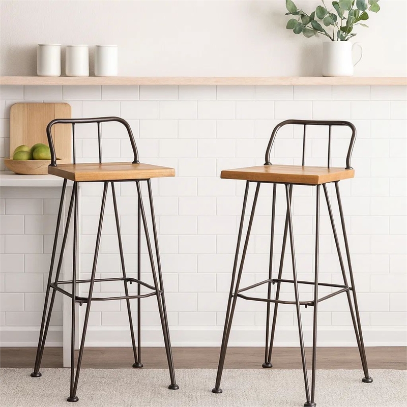 Pemberly Row Barstool Low Back Chair Set of 2 Black Metal Brown Acacia Wood