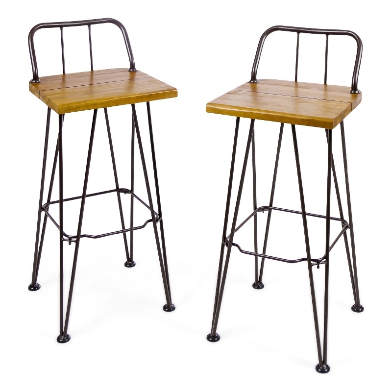 Pemberly Row Barstool Low Back Chair Set of 2 Black Metal Brown Acacia Wood