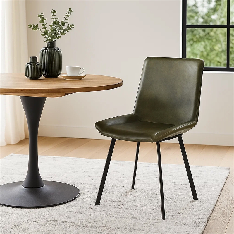 Pemberly Row Dining Chair Set of 2 with Rich Green Goat Leather Black Iron
