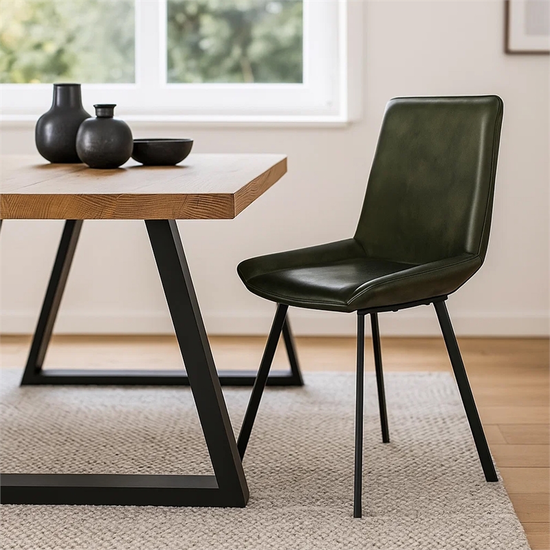 Pemberly Row Dining Chair Set of 2 with Rich Green Goat Leather Black Iron