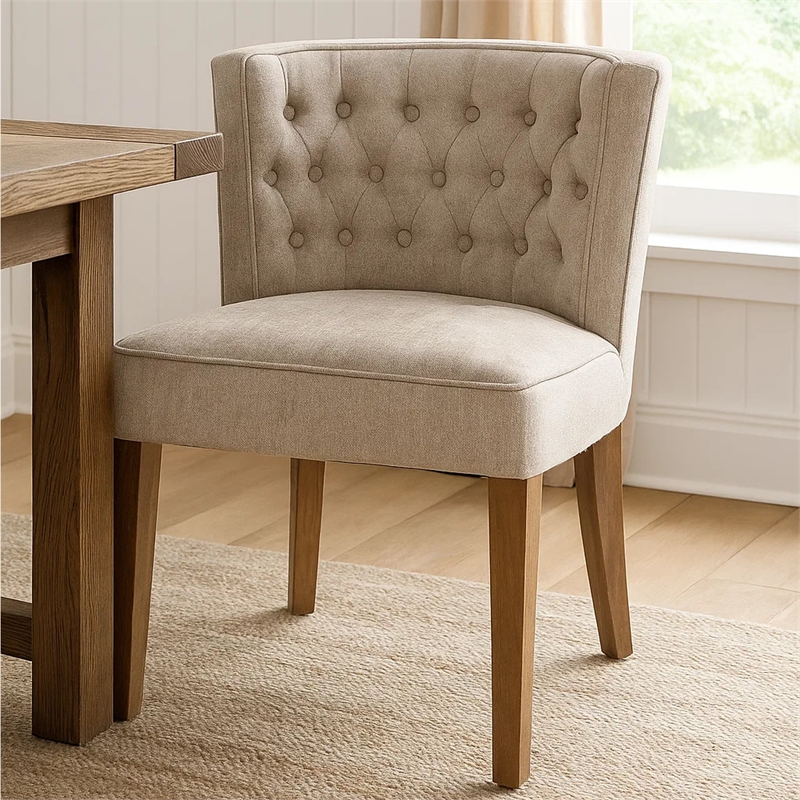 Pemberly Row Dining Side Chair Set of 2 Light Gray Fabric Brown Solid Wood