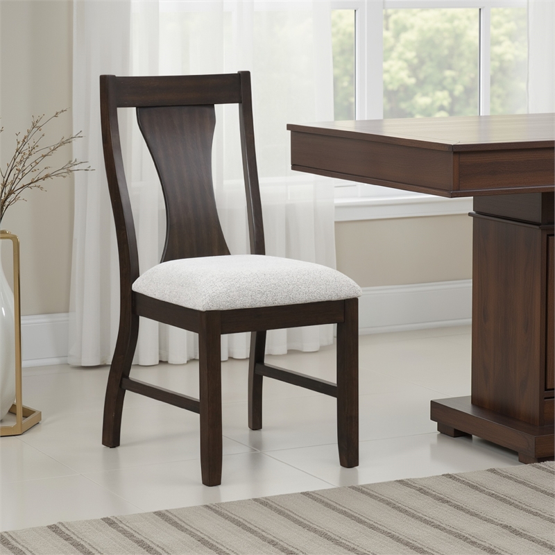 Pemberly Row Dining Chair Set of 2 in Beige Fabric Cushion Dark Brown Wood