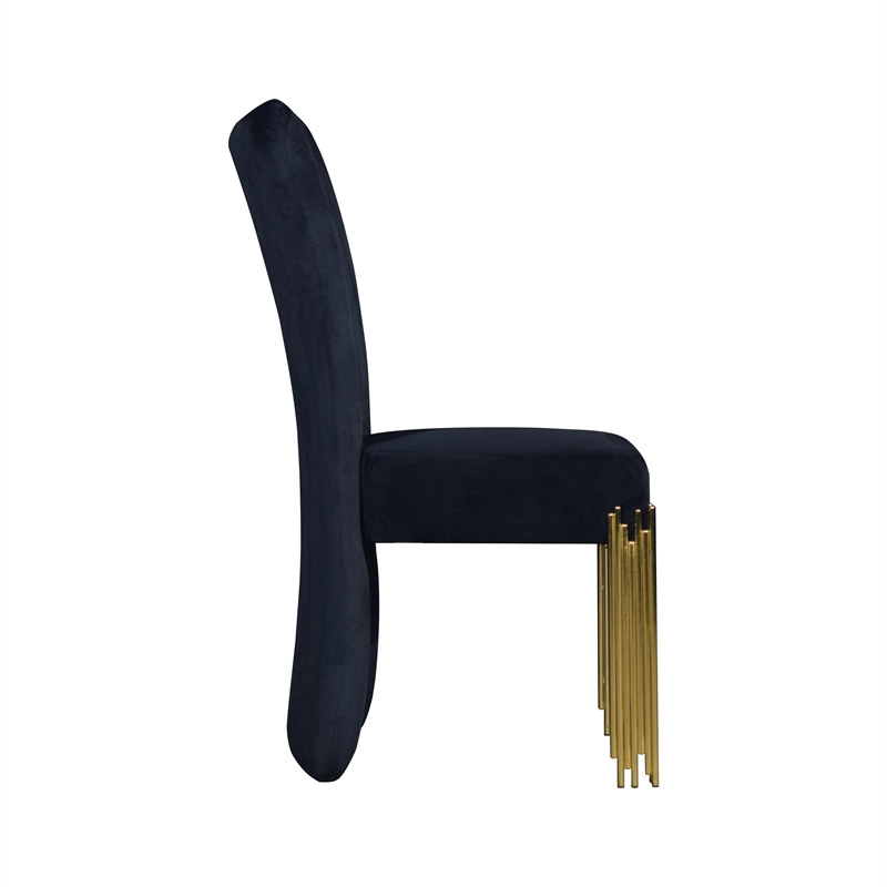 Pemberly Row Dining Chair Set of 2 Retro Midnight Black Velvet Gold Metal Legs