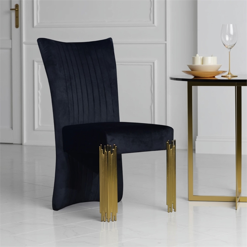 Pemberly Row Dining Chair Set of 2 Retro Midnight Black Velvet Gold Metal Legs