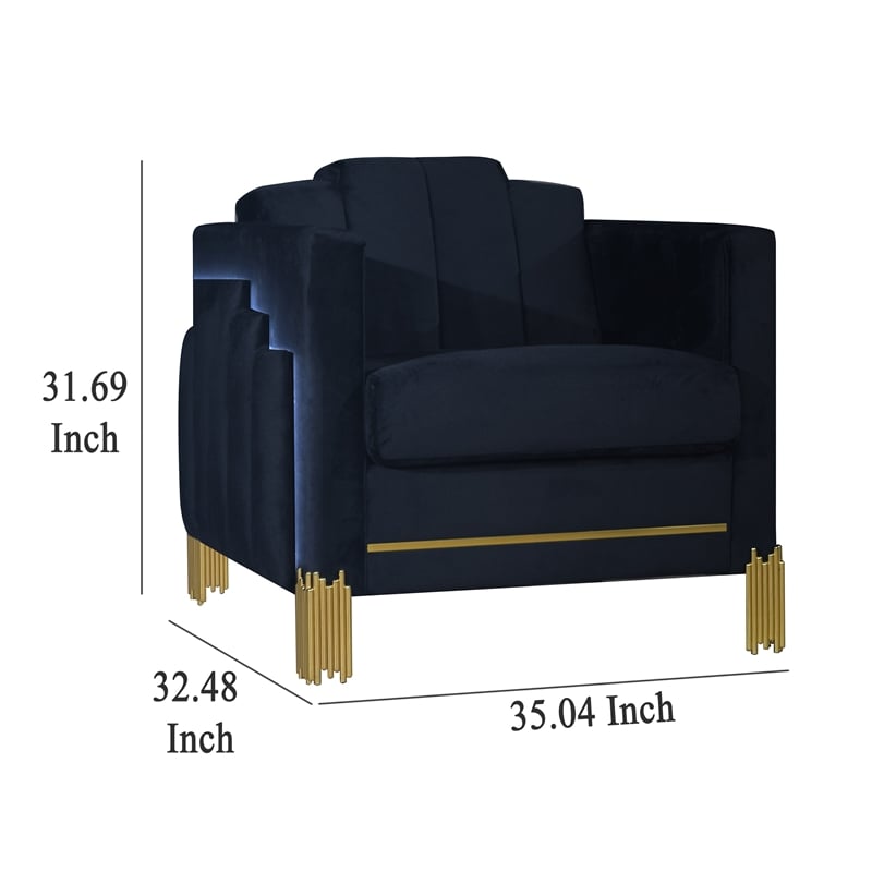 Pemberly Row Accent Chair in Black Velvet with Blue LED Lights Gold Metal Legs
