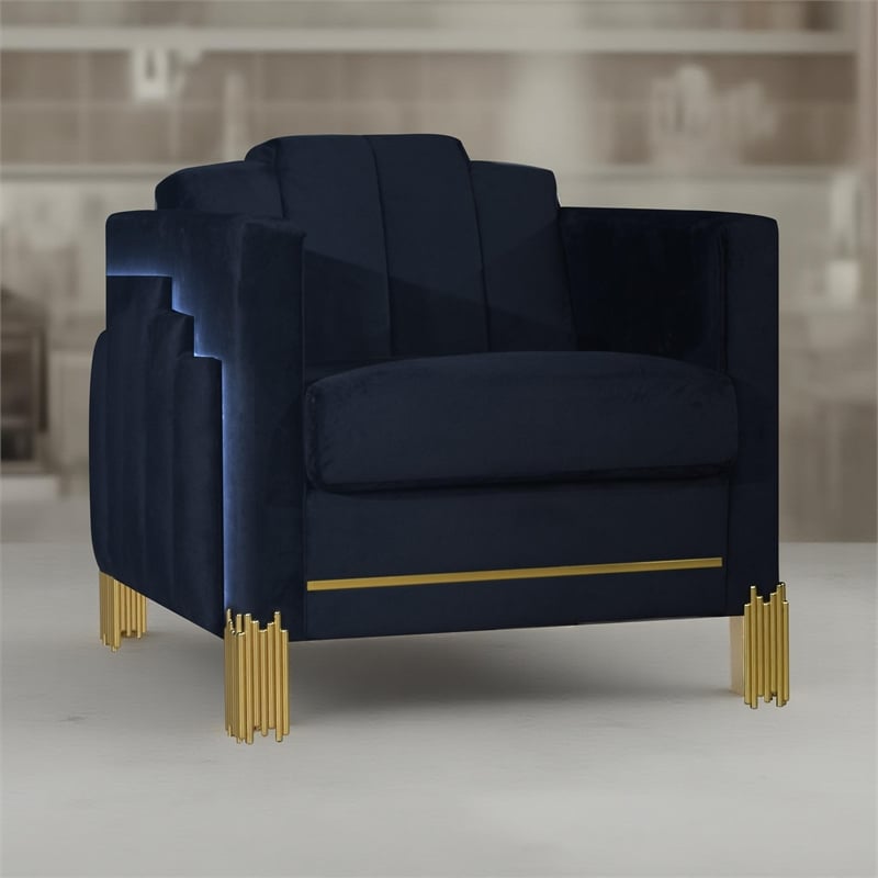 Pemberly Row Accent Chair in Black Velvet with Blue LED Lights Gold Metal Legs