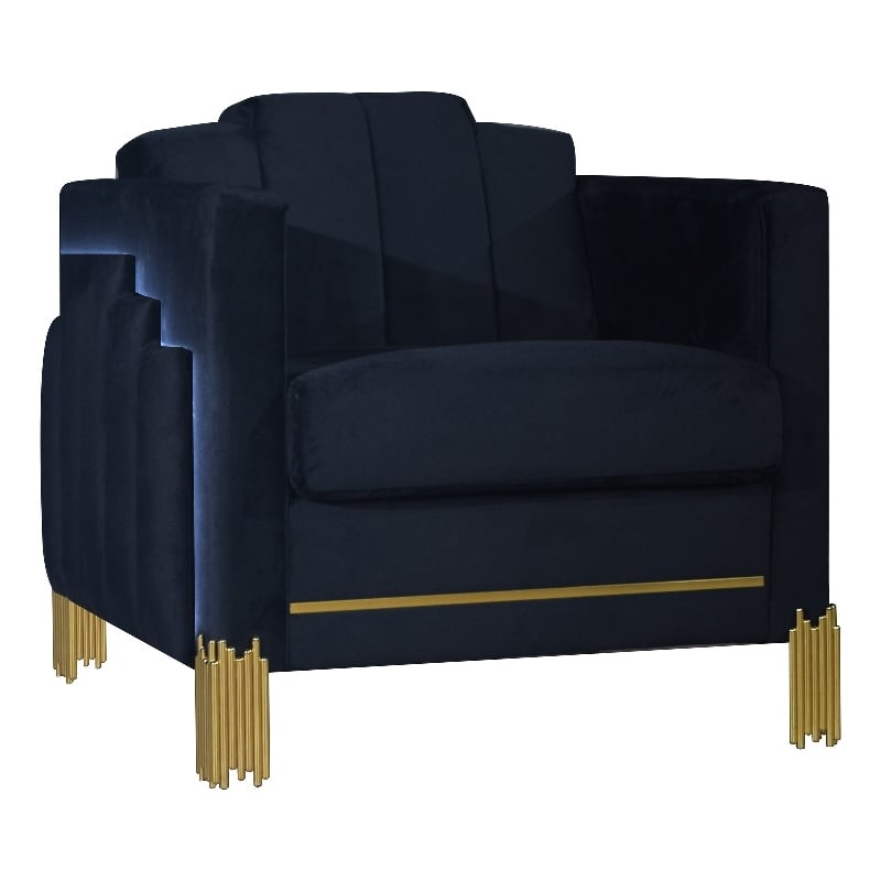 Pemberly Row Accent Chair in Black Velvet with Blue LED Lights Gold Metal Legs