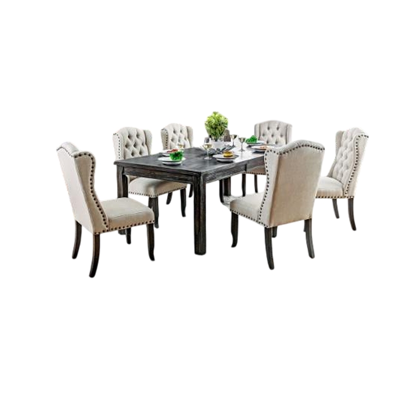Pemberly Row 7 Piece Dining Table and Wingback Chair Set Beige Linen Black Wood