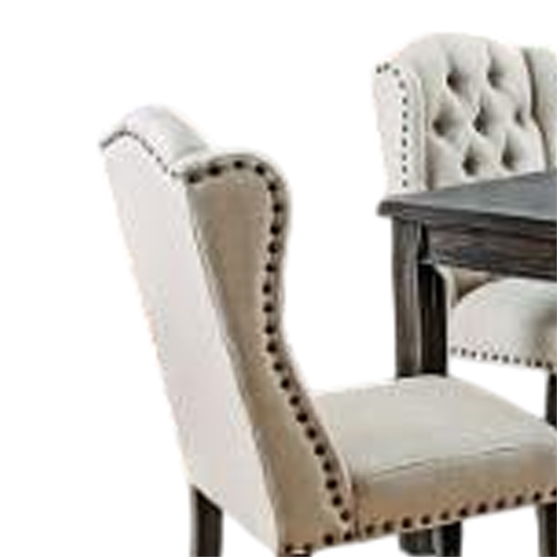 Pemberly Row 7 Piece Dining Table and Wingback Chair Set Beige Linen Black Wood