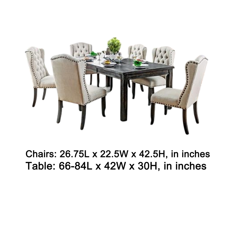 Pemberly Row 7 Piece Dining Table and Wingback Chair Set Beige Linen Black Wood