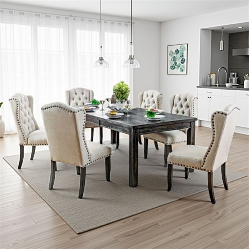 Pemberly Row 7 Piece Dining Table and Wingback Chair Set Beige Linen Black Wood