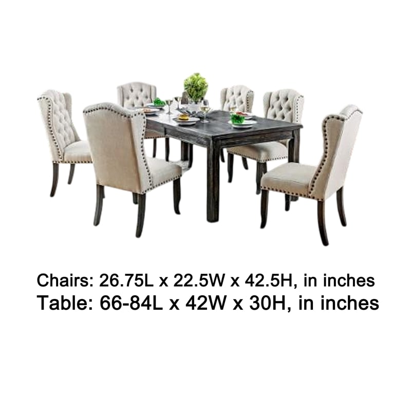 Pemberly Row 9 Piece Dining Table and Wingback Chair Set Beige Linen Black Wood