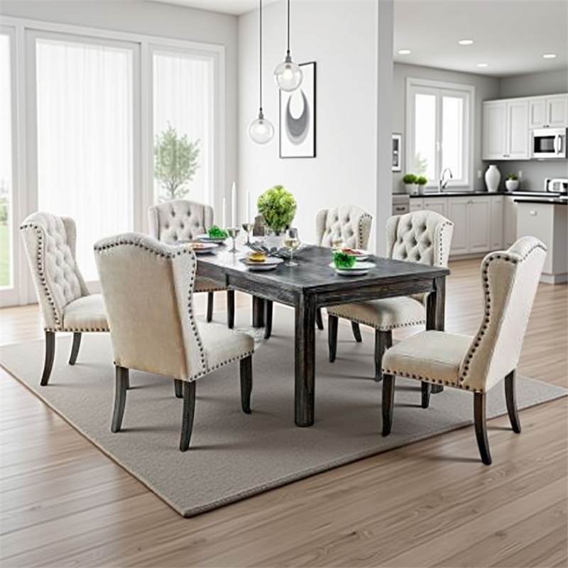 Pemberly Row 9 Piece Dining Table and Wingback Chair Set Beige Linen Black Wood