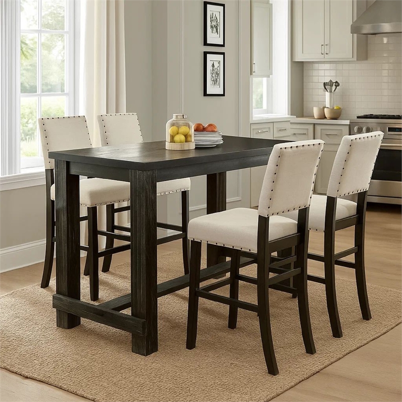 Pemberly Row 5 Piece Bar Height Table and Chair Set in Ivory Black Solid Wood