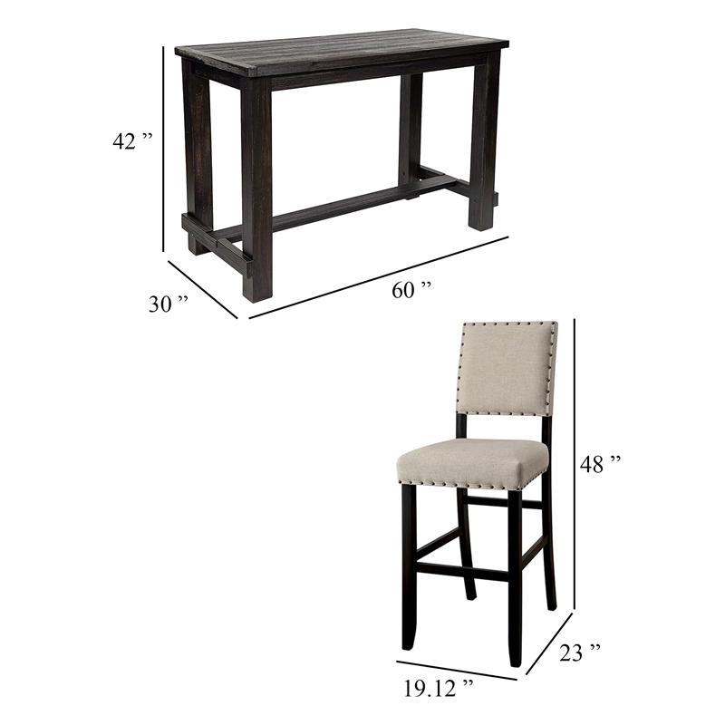 Pemberly Row 5 Piece Bar Height Table and Chair Set in Ivory Black Solid Wood