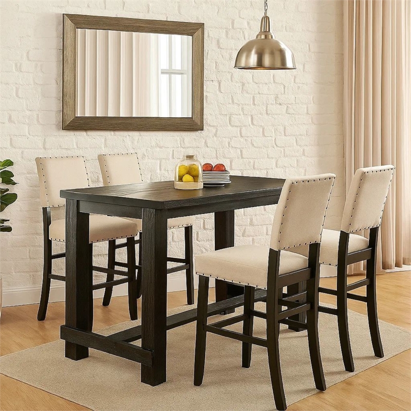 Pemberly Row 5 Piece Bar Height Table and Chair Set in Ivory Black Solid Wood