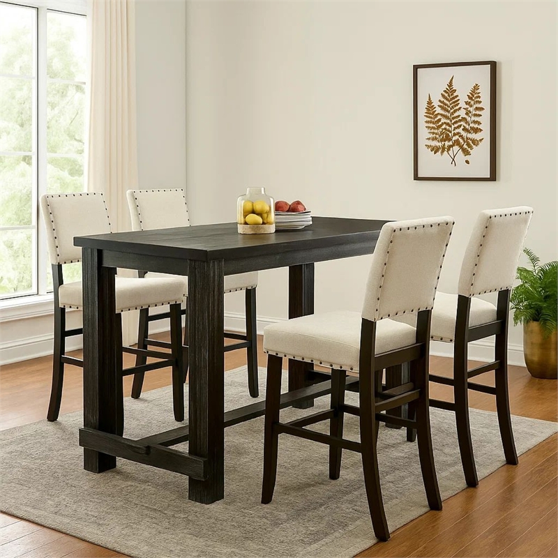 Pemberly Row 5 Piece Bar Height Table and Chair Set in Ivory Black Solid Wood