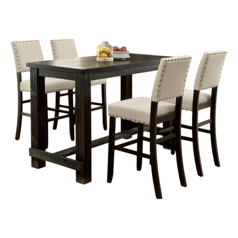 Pemberly Row 5 Piece Bar Height Table and Chair Set in Ivory Black Solid Wood