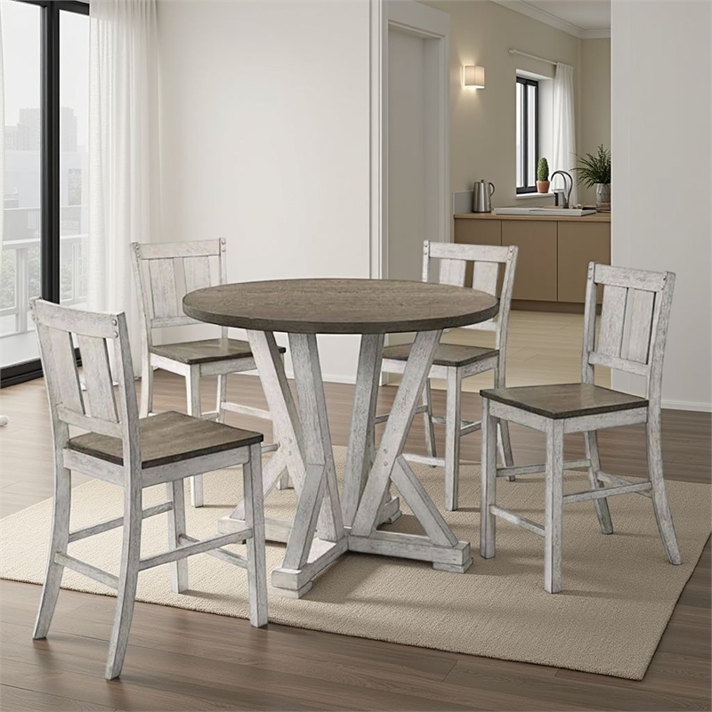 Pemberly Row 5 Piece Counter Height Round Table Chair Set White Brown Wood