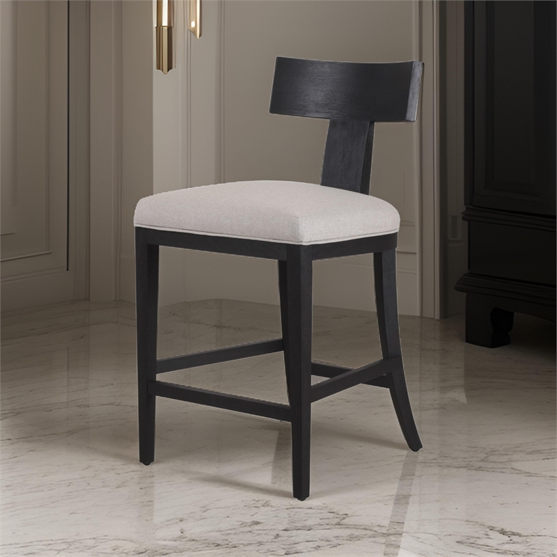 Pemberly Row 27 Inch Counter Height Chair T Shape Back Beige Linen in Black