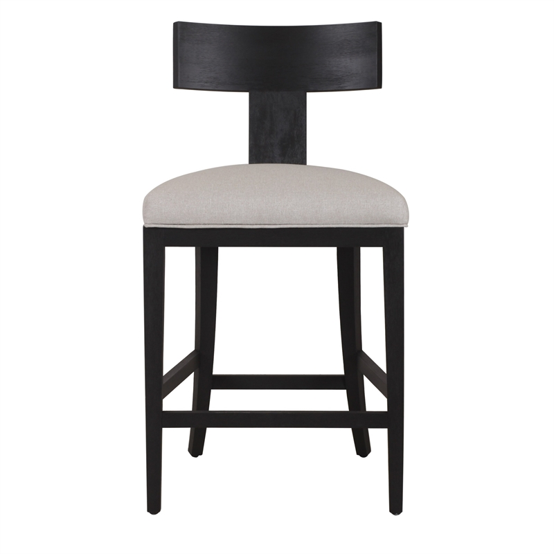 Pemberly Row 27 Inch Counter Height Chair T Shape Back Beige Linen in Black