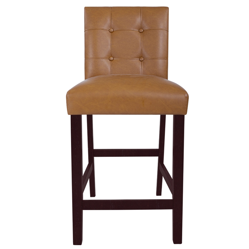 Pemberly Row Counter Stool Chair Set of 2 in Brown Faux Leather Tufted Back