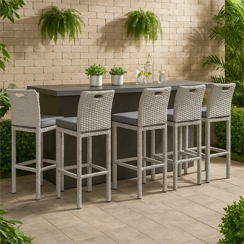 Pemberly Row Barstool Chair Set of 6 Thick Seat Cushion in Gray Wicker Frame
