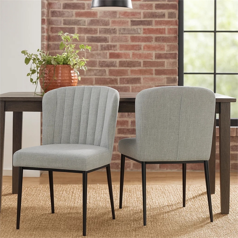 Pemberly Row Dining Chair Set of 2 Curved Back Gray Woven Fabric Black Metal