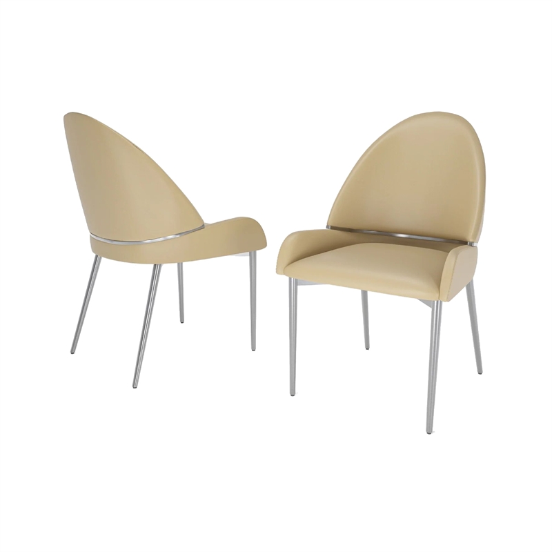 Pemberly Row Dining Chair Set of 2 in Taupe Faux Leather Gold Metal Accents
