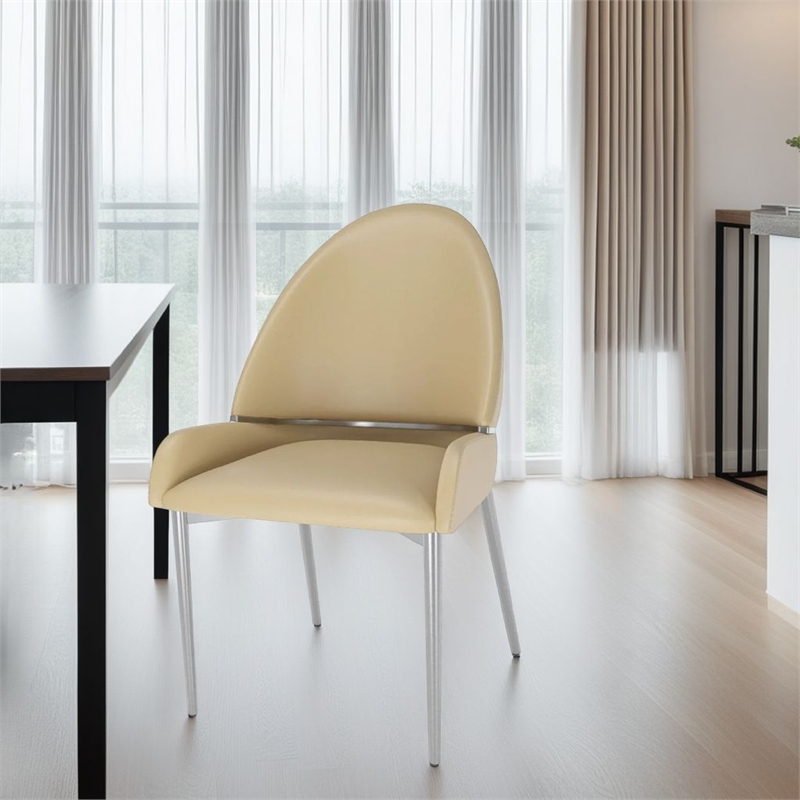 Pemberly Row Dining Chair Set of 2 in Taupe Faux Leather Gold Metal Accents