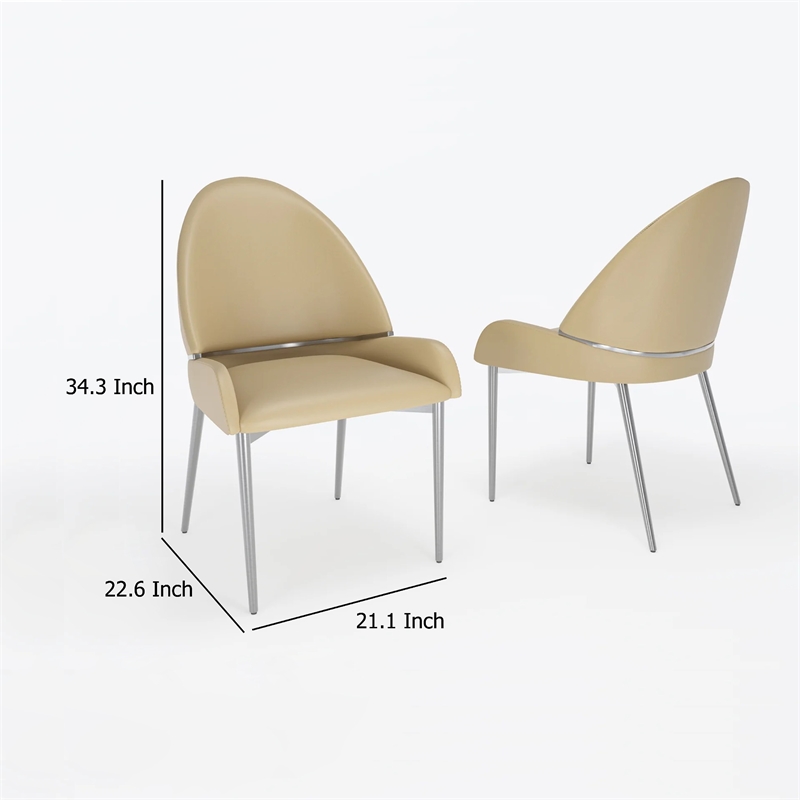 Pemberly Row Dining Chair Set of 2 in Taupe Faux Leather Gold Metal Accents