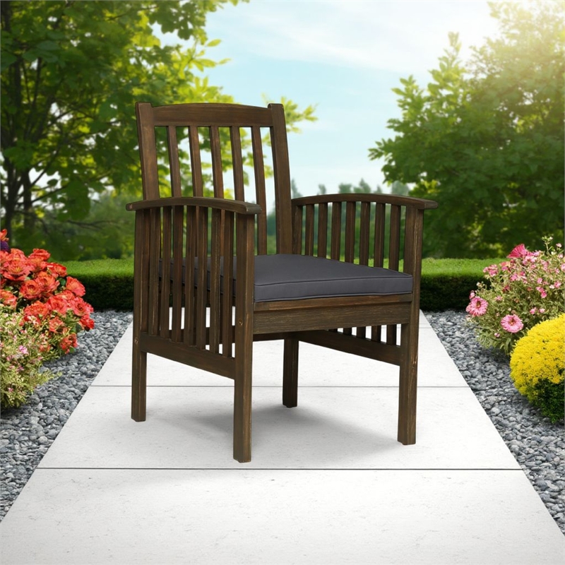 Pemberly Row Dining Chair Slatted Back Outdoor Natural Brown Wood in Dark Gray