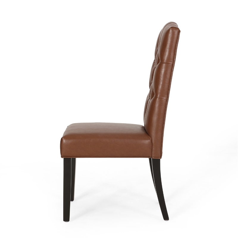Pemberly Row Dining Chair Set of 2 Crown Top in Brown Tufted Faux Leather