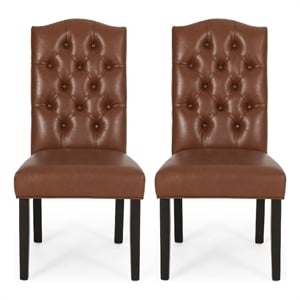 Pemberly Row Dining Chair Set of 2 Crown Top in Brown Tufted Faux Leather