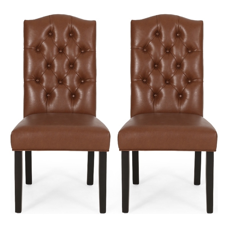 Pemberly Row Dining Chair Set of 2 Crown Top in Brown Tufted Faux Leather