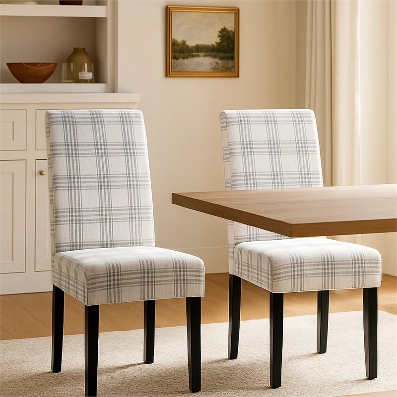 Pemberly Row Dining Side Chair Set of 2 in Gray Plaid Fabric Black Wood Legs