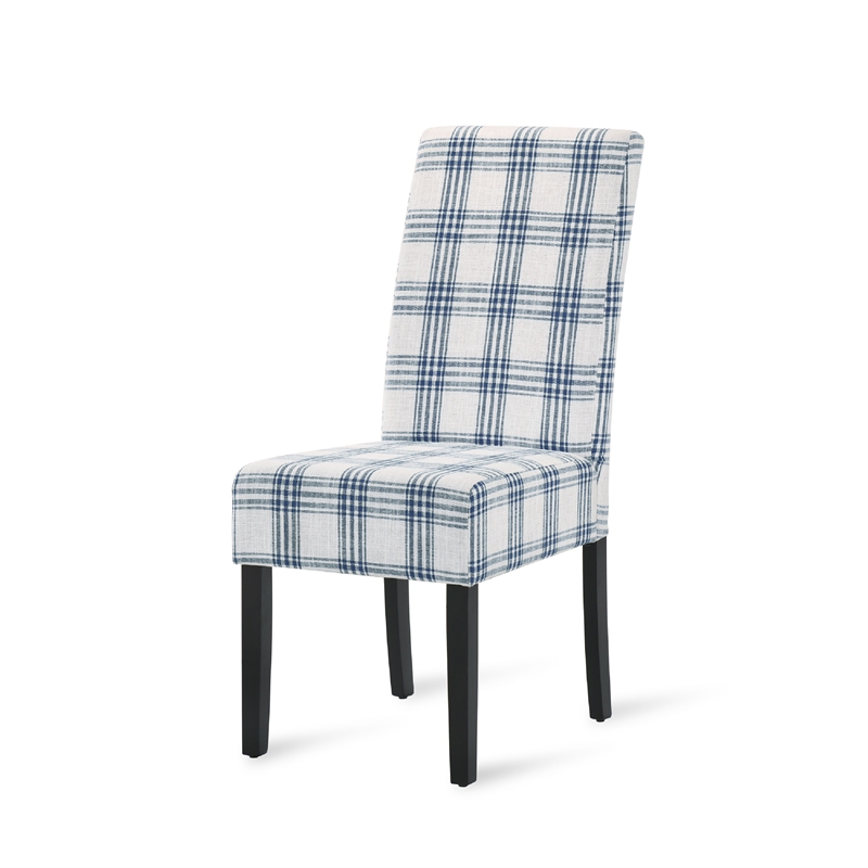 Pemberly Row Dining Side Chair Set of 2 Blue Cream Fabric Black Wood Legs