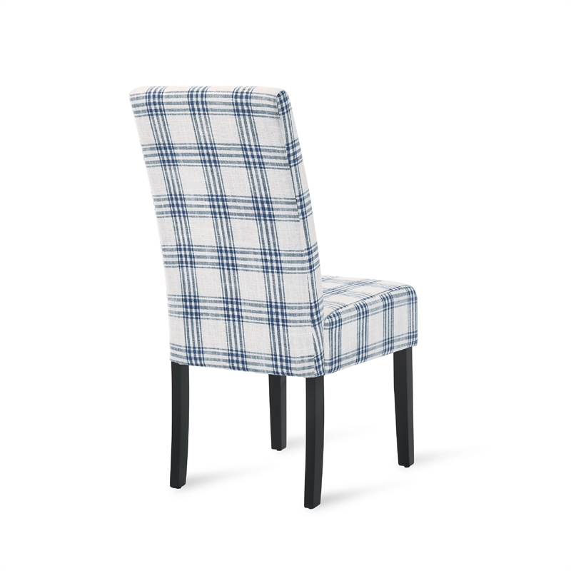 Pemberly Row Dining Side Chair Set of 2 Blue Cream Fabric Black Wood Legs