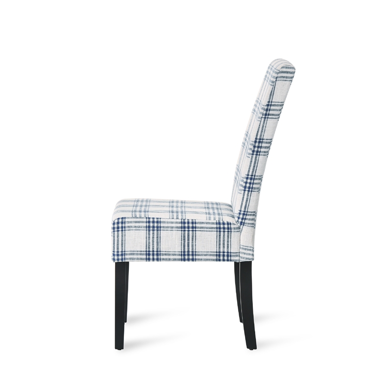 Pemberly Row Dining Side Chair Set of 2 Blue Cream Fabric Black Wood Legs