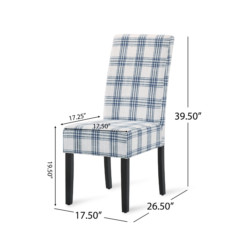Pemberly Row Dining Side Chair Set of 2 Blue Cream Fabric Black Wood Legs