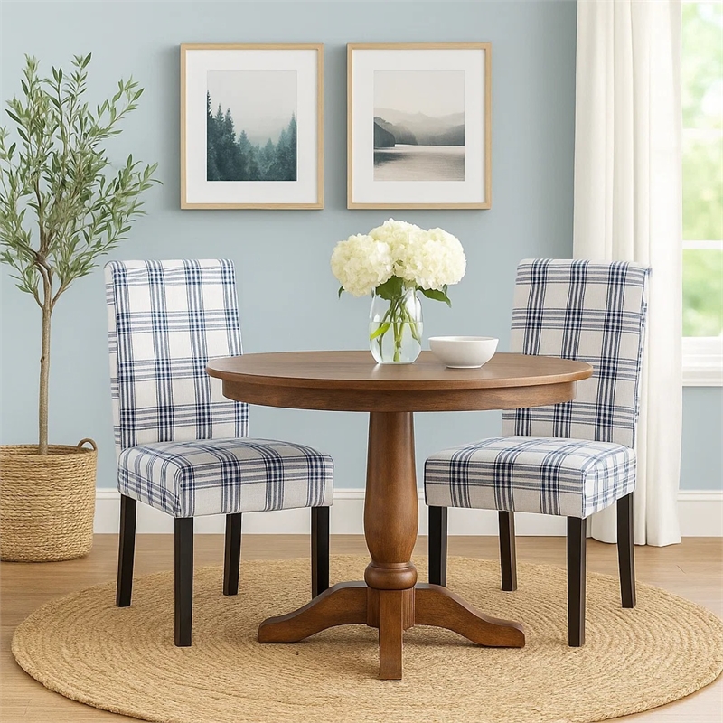 Pemberly Row Dining Side Chair Set of 2 Blue Cream Fabric Black Wood Legs