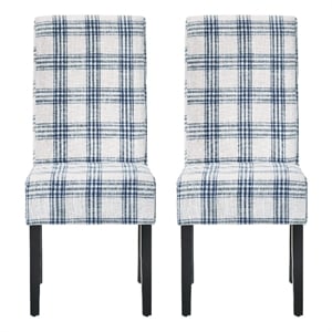 Pemberly Row Dining Side Chair Set of 2 Blue Cream Fabric Black Wood Legs