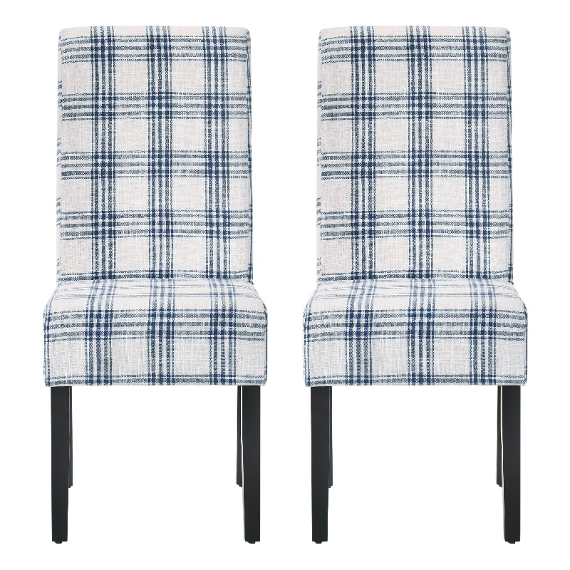 Pemberly Row Dining Side Chair Set of 2 Blue Cream Fabric Black Wood Legs