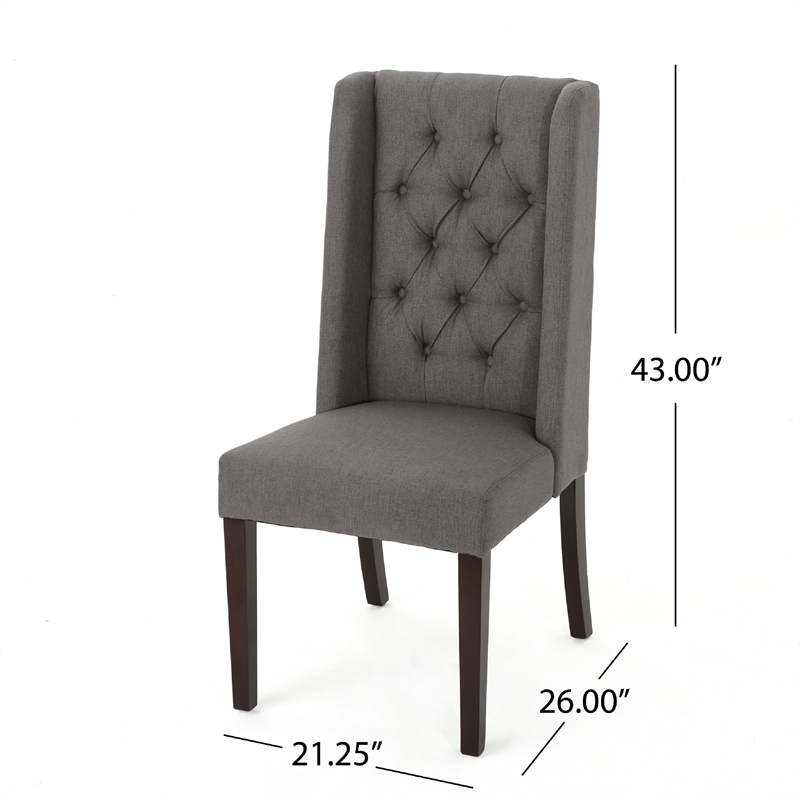 Pemberly Row Dining Chair Set of 2 Dark Brown Wood Tufted Gray Wingback