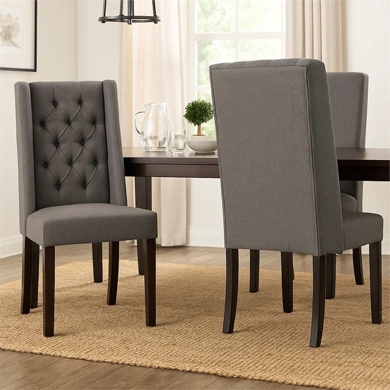 Pemberly Row Dining Chair Set of 2 Dark Brown Wood Tufted Gray Wingback